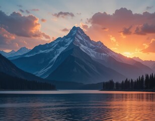Majestic Mountain Lake Sunset Landscape Serene View of Snow Capped Peaks at Golden Hour