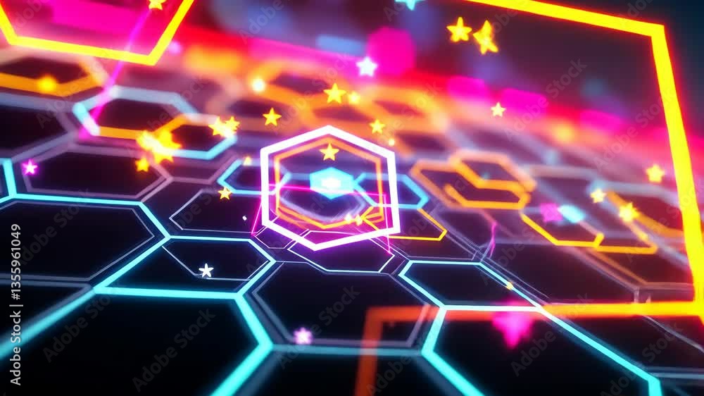 Poster vibrant neon hexagons and stars: dynamic gradient motion with futuristic glow