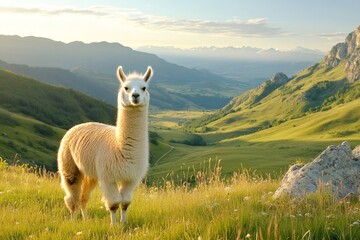Fototapeta premium White llama standing in mountain landscape during sunset