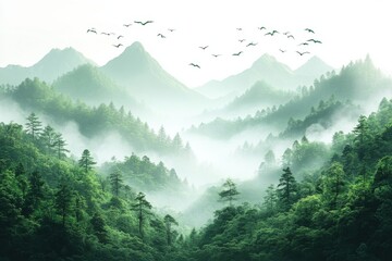 Fototapeta premium Misty mountain landscape illustration, green forest valley with fog and birds, serene nature wallpaper for travel branding