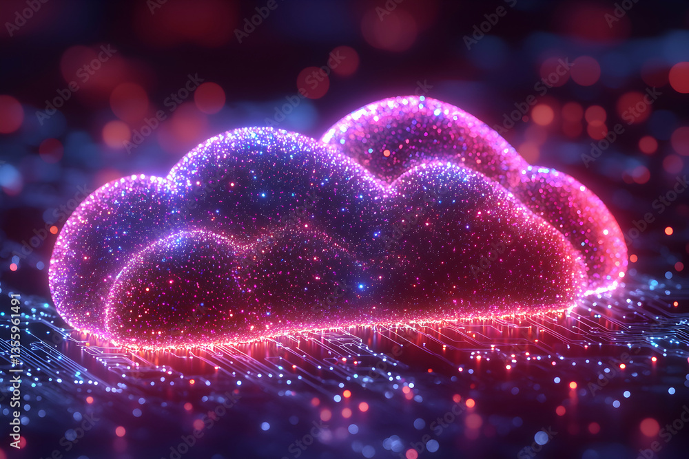 Poster a glowing cloud made of particles on a circuit board. suggests cloud computing data storage or the d