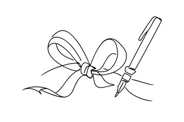 Elegant Ribbon Bow and Pen OneLine Drawing, Gift, Writing, Stationery