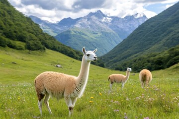 Fototapeta premium Llamas grazing in a meadow in the mountains