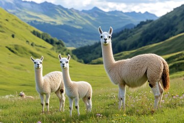 Fototapeta premium Llamas enjoying mountain landscape on sunny day