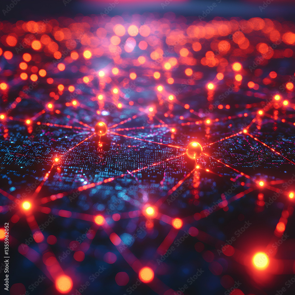 Poster a digital network illustration with glowing red lights. it evokes themes of connectivity data transf
