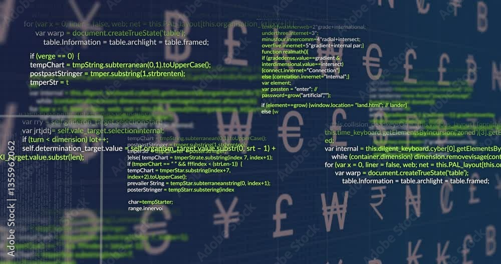 Poster currency symbols and computer code overlaying blue animation in digital background