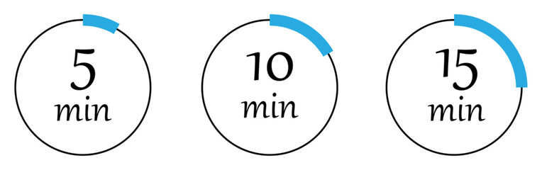 Stopwatch timer set in 5 minute to 15 minute. Set of timers. Stopwatch icons. Countdown 5, 10, 15 minutes. Vector illustration.