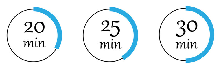Stopwatch timer set in 20 minute to 30 minute. Set of timers. Stopwatch icons. Countdown 20, 25, 30 minutes. Vector illustration.