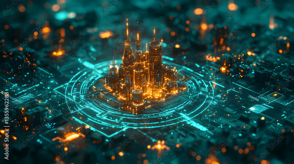 Poster a futuristic digital city glows on a circuit board representing advanced technology. use it as a des