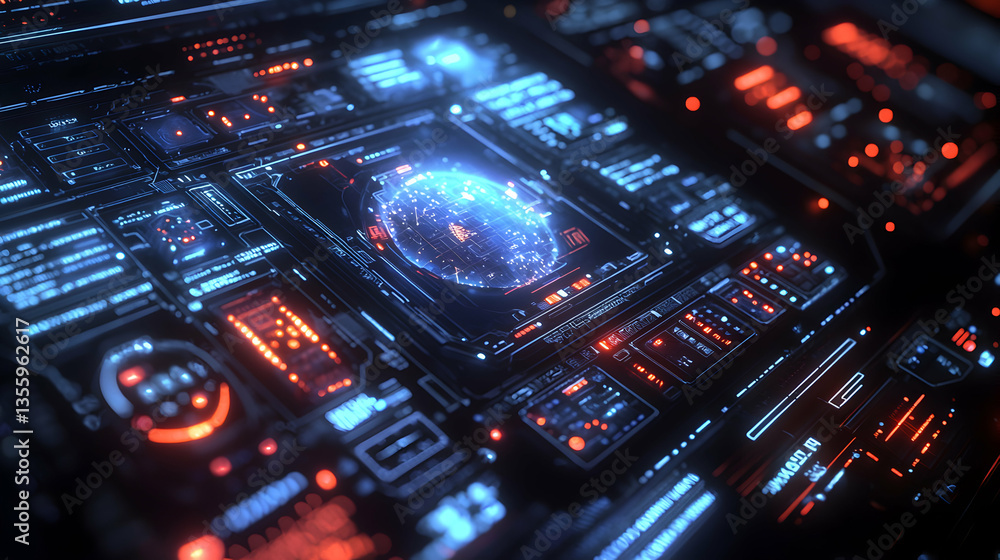 Poster futuristic technological interface glowing with blue and red light. perfect for sci-fi projects or v