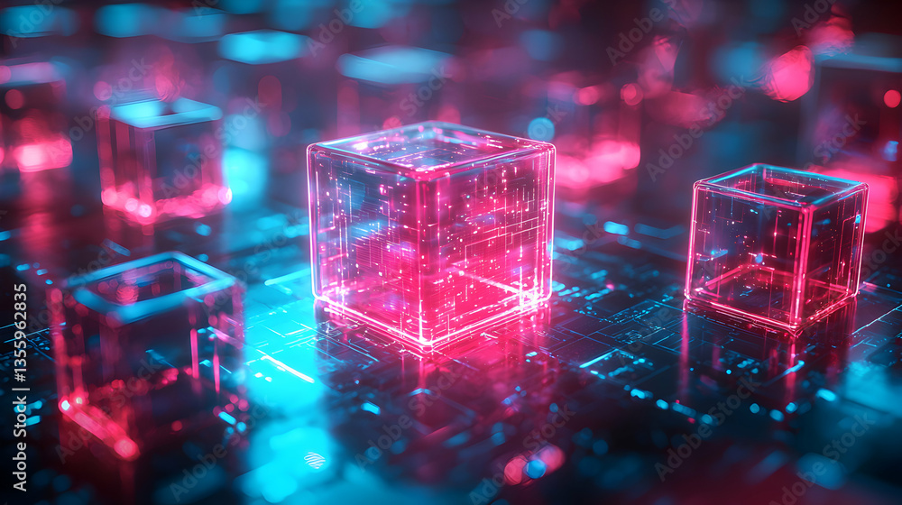 Poster glowing digital cubes on a circuit board suggest futuristic technology. perfect for visualizing conc