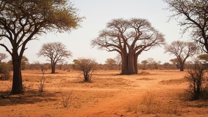 Fototapeta premium Baobab trees in a serene, arid landscape under a clear sky.
