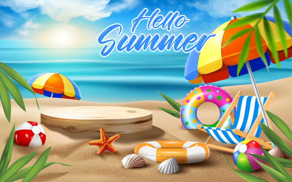 wooden podium on the beach background.summer objects decorative hello summer product display and presentation sale banner vector illustration.