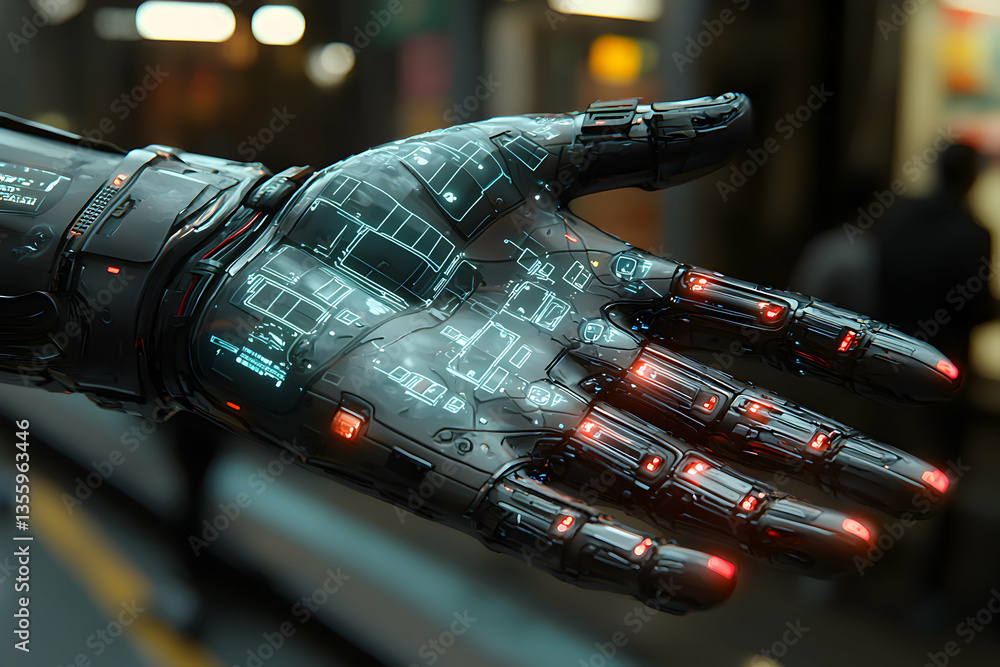Poster futuristic robotic hand extending forward. likely used in advanced robotics or cybernetic applicatio