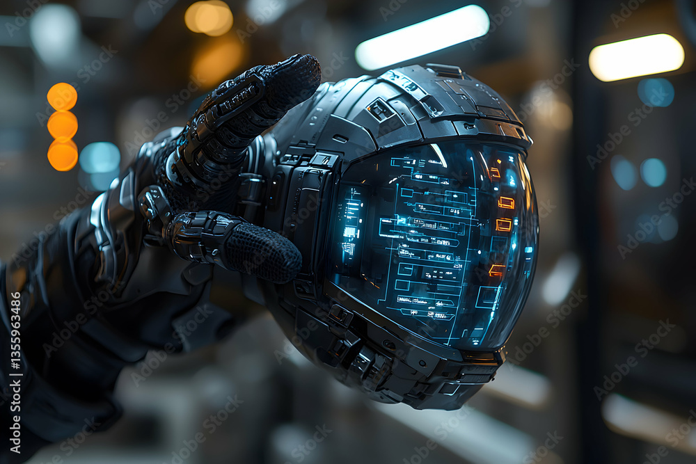 Poster futuristic helmet display illuminated showing digital interface. ideal for sci-fi games. simulation 