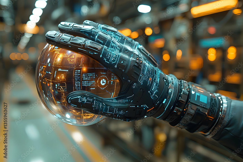 Poster a futuristic robotic arm holds a glowing orb with circuit designs suggesting advanced technology. it