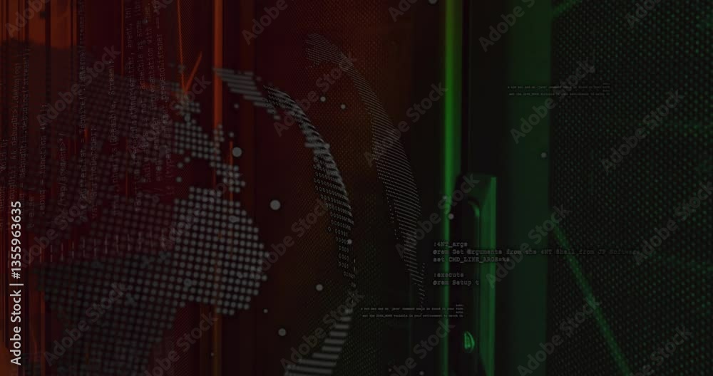 Poster digital globe and code animation over red and green abstract background