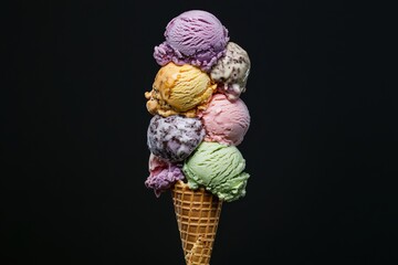 A waffle cone topped with multiple scoops of colorful, artisanal ice cream