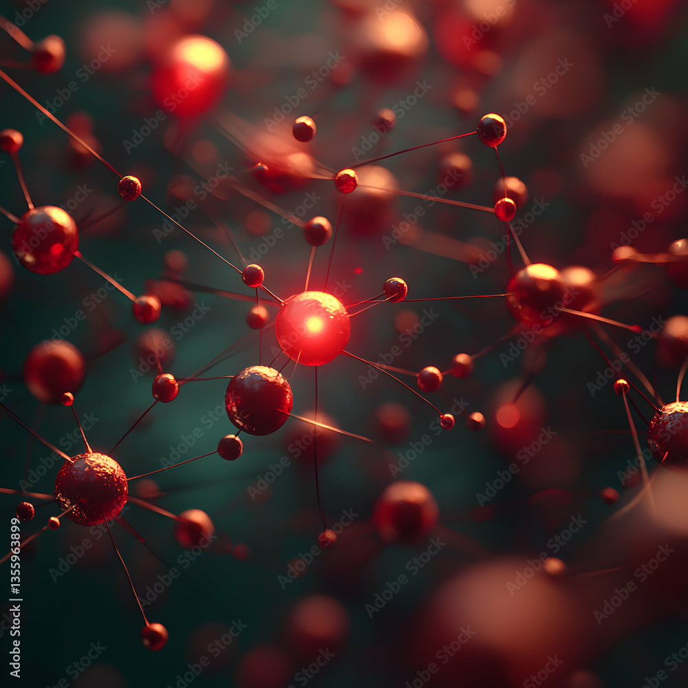 Poster an abstract image of molecular structures with glowing red spheres connected by thin lines. suitable