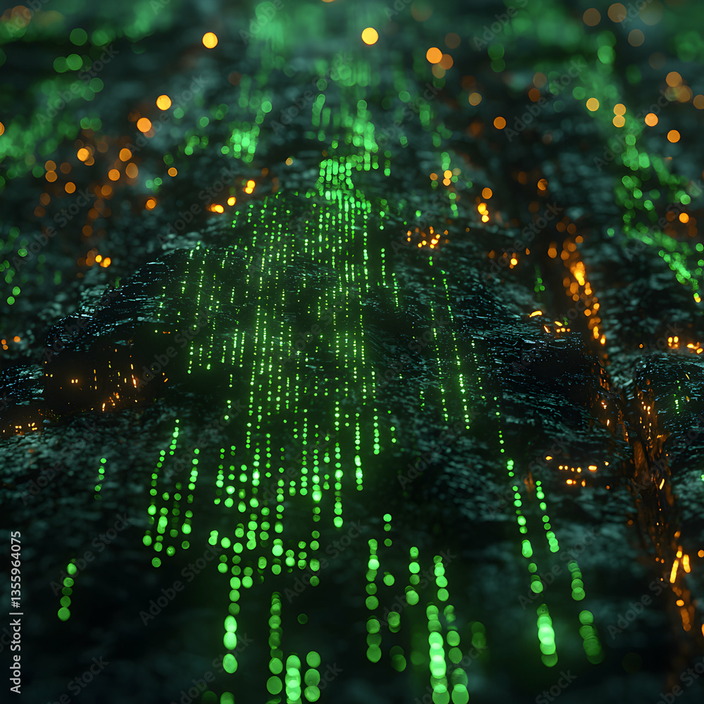 Poster abstract digital landscape with glowing green and orange lights. suggests data streams or a futurist