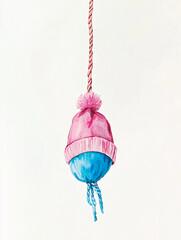 Obraz premium clipart card Watercolor newborn winter hat pink blue pompom tassel hanging rope soft pastel babywear knit toddler fashion gender reveal nursery accent cute cozy infant accessory baby shower art