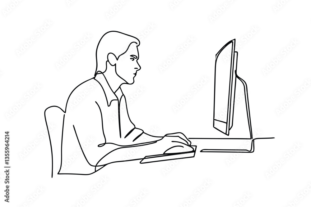 Poster focused man working on desktop computer, single line drawing