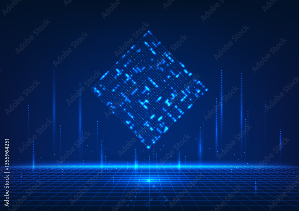 Poster quantum technology, a box of dots, a quantum computer that can process massive amounts of data at hi