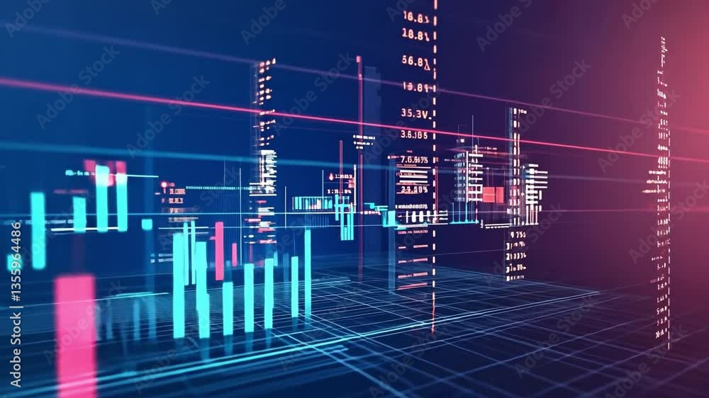Poster data visualization: a dynamic display of digital data, with intricate lines and bars forming an abst