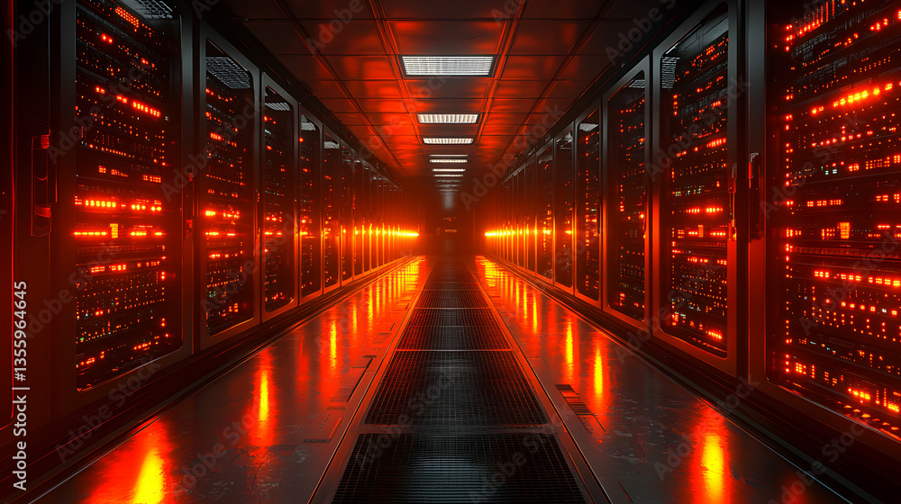 Poster a long hallway in a data center glows with red lights. servers line both sides. use this for technol