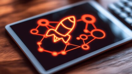 Rocket launching on digital tablet screen.