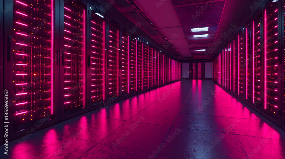 Poster a data center with servers glowing pink. use this image for cyberpunk themes or tech presentations h