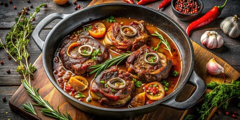 Succulent osso buco, slow-cooked until fall-apart tender in a rustic frying pan.