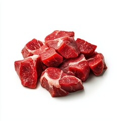 Fototapeta premium Fresh raw beef cubes on a white background.