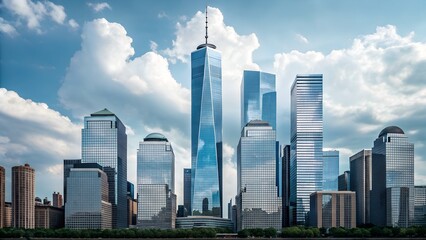 Naklejka premium Reflective blue cloud skyscrapers, business office buildings, and realistic background