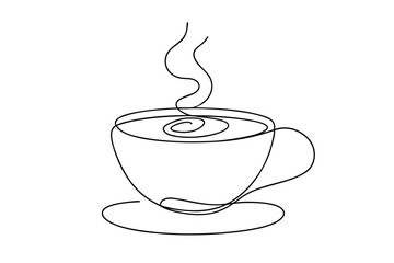 One Line Drawing of a Hot Cup of Coffee and Saucer