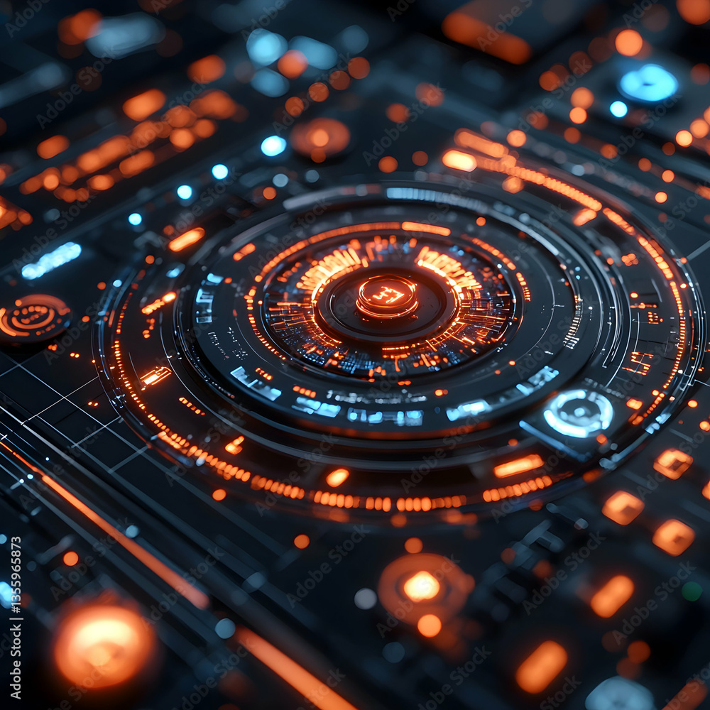 Poster futuristic circuit board design with glowing orange and blue elements. ideal for tech-related websit