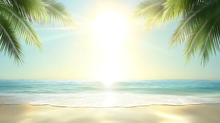 Sunny tropical beach scene with palm trees.