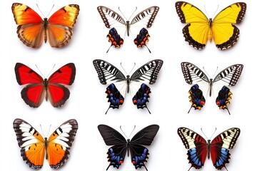 Diverse Butterfly Collection Colorful Insects Against White Backdrop Beautiful Pattern