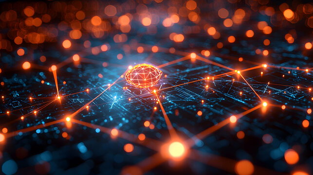 A futuristic digital circuit design with glowing orbs and connecting lines. Ideal for tech company websites or presentations conveying complex network concepts.