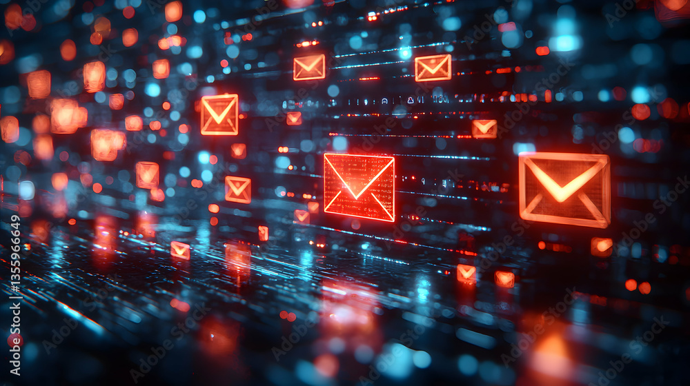Poster a digital abstract showcasing glowing email icons against a network background. suggests data transm