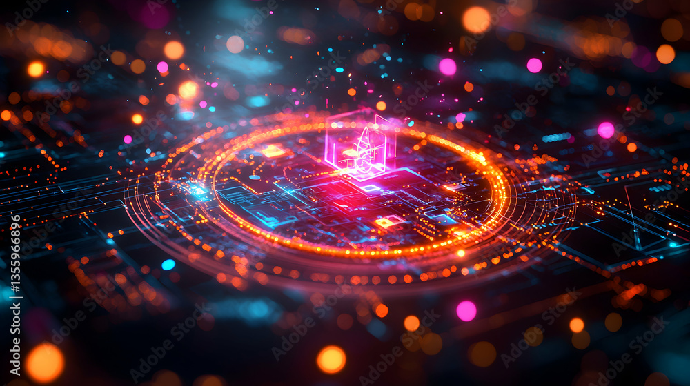Poster a futuristic digital circuit design with neon lights creating a sense of data flow and interconnecte