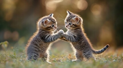 Fototapeta premium two playful tabby kittens interact affectionately in a sunlit meadow bonding with each other
