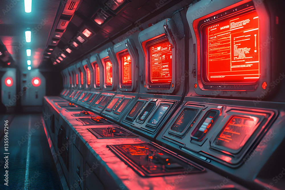 Poster a futuristic control room with red and blue lighting featuring computer screens and various panels. 