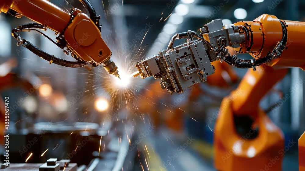 Poster industrial robotics in factory setting with sparks in manufacturing process