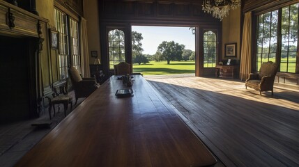 Grand Estate Interior with Sprawling Table and View of Green Landscape