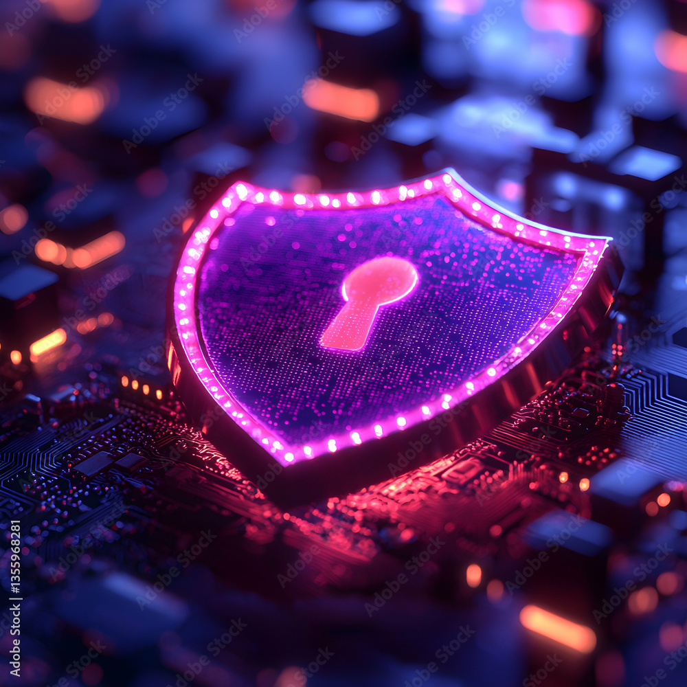 Poster a glowing security shield with a keyhole symbol on a circuit board representing data protection and 