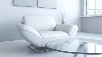 Fototapeta premium Serene minimal living space featuring white armchair and round glass table