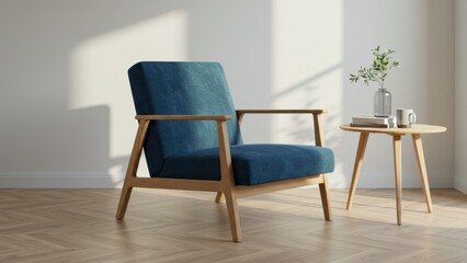 Obraz premium A minimalist blue chair and wooden table bathed in natural light.