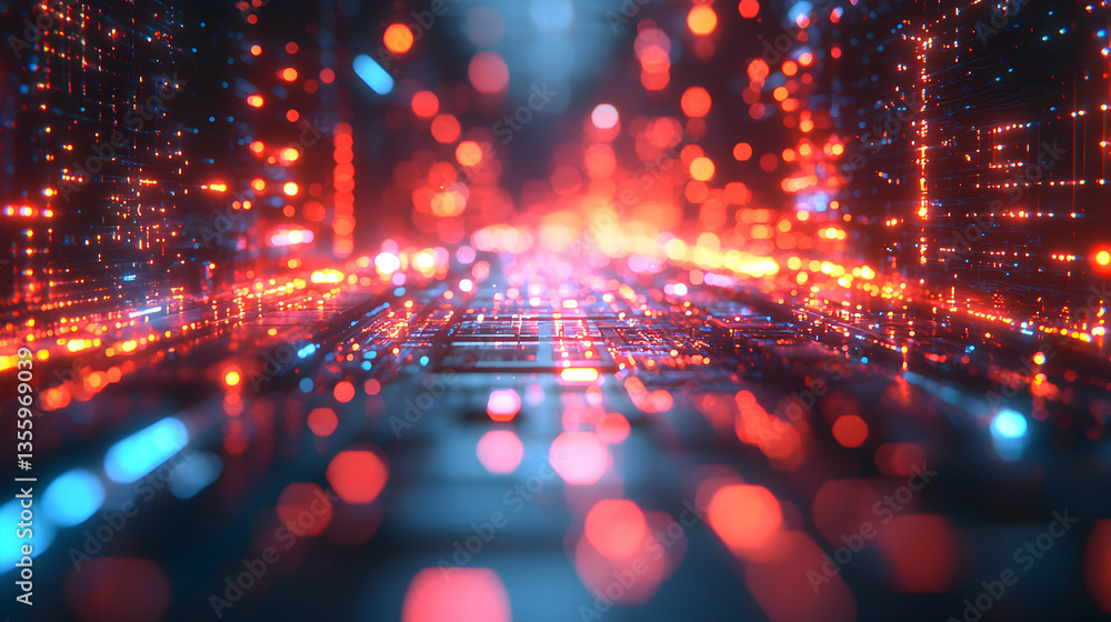 Poster digital abstract artwork showcasing glowing lines and bokeh effects representing data flow or techno
