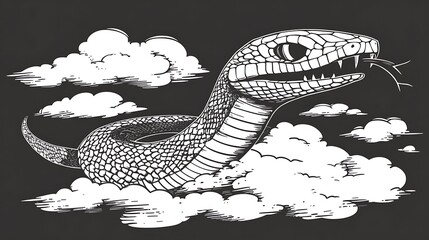 Fototapeta premium A menacing snake floats amidst fluffy clouds, rendered in a detailed hand-drawn style.